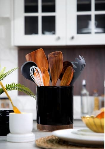 Nucookery 360° Rotating Utensil Holder, 7.2" Large Utensil Crock, White Ceramic Cooking Utensil Organizer with Countertop-Protection Cork Bottom for Farmhouse Kitchen Decor Gift (Black) 7