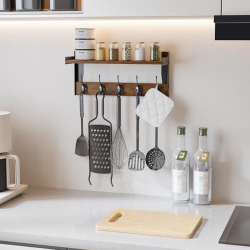 FNBAR Wall Hooks with Shelf, Wood Coat Rack with Shelf Wall-Mounted, Entryway Hanging Shelves with 5 Metal Hooks for Clothes Hats Towel Purse Robes, Bathroom Mudroom Bedroom, Rustic Brown 8