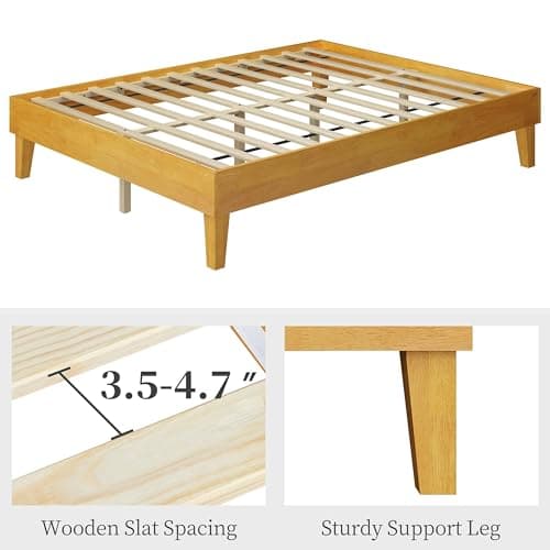 Yaheetech Queen Bed Frame Natural Solid Wood Platform Bed with Wooden Slats Support, 7.3-inch Underbed Space for Storage, Noise-Free Design, Easy Assembly, Natural Wood Finish 7