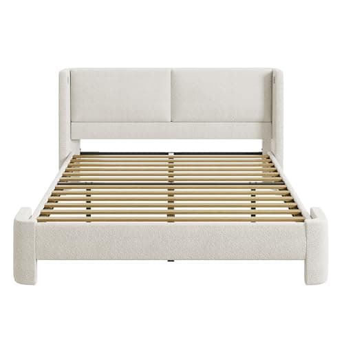 LIKIMIO Queen Bed Frame with Headboard, Upholstered Boucle Platform Bed with USB Ports, Base Camas Queen No Box Spring Needed, Cream White 9