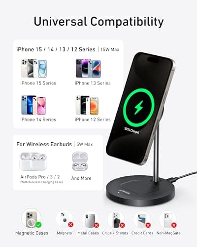 Anker MagSafe Compatible MagGo Charger Stand, iPhone 17 Wireless Charger, 2-in-1 Charging Station, Qi2 Certified 15W Fast Charging, for iPhone 17/16/15/14/13/12, AirPods Pro (Black, No Adapter) 6