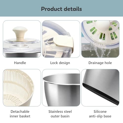Salad Spinner Stainless Steel，Manual lettuce dryer With lid, basin, drain frame and non-slip base,lettuce spinner with Quick Spin,Spaghetti & Chip Strainer BPA Free,Easy Clean,5qt 5