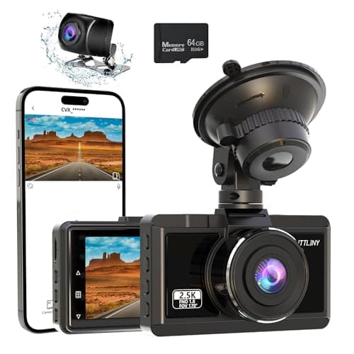 Dash Cam Front and Rear 2.5K+1080P FHD WiFi Dual Dash Camera for Cars, 170° Angle Dashboard Camera with 64G SD Card, App Control,3” IPS Screen,Night Vision,Parking Mode,G-Sensor,WDR,Loop Recording