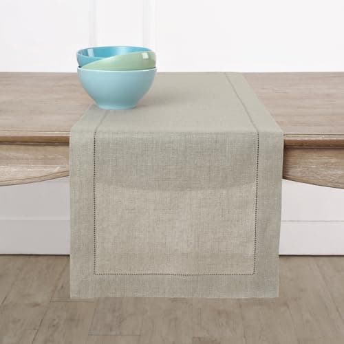 Solino Home Linen Natural Table Runner 72 Inches Long - 100% Pure Linen Hemstitch Table Runner 14 x 72 Inch for Dresser, Dining, Spring, Easter, Mothers Day - Classic Hemstitch