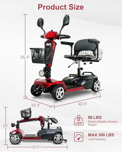30 Mile Range Travel Foldable Mobility Scooters for Adults,4 Wheel Electric Motorized Scooter for Seniors Oversize XL 4-Piece Set with USB and Cell Phone Holder,Red Mirage S1 6