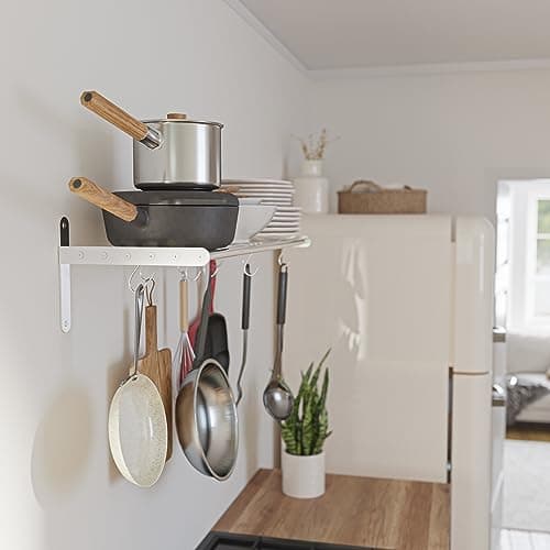 Wallniture Lyon Kitchen Organization and Storage Rack, Stainless Steel Metal Wall Shelf with 10 S Hooks for Hanging Pots and Pans, Chrome 6