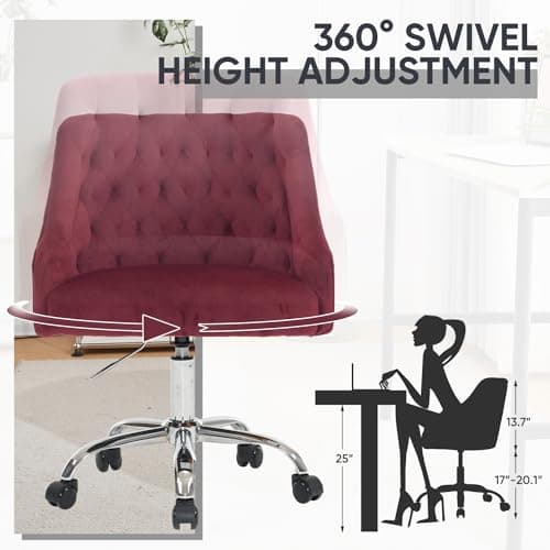 MOJAY Velvet Office Swivel Chair, Vanity Fabric Desk Pretty Fancy Gold Office Chairs for Girls, 360°Swivel Height Adjustable Reception Chair (Burgundy) 6