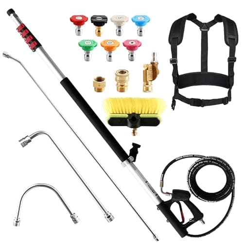 RIDGE WASHER 24 FT Telescoping Pressure Washer Wand, Power Washer Extension Wand with Brush, Telescopic Gutter Cleaner with 3 Stainless Steel Curve Wands, Adjustable Support Belt, 7 Nozzles, 4000 PSI