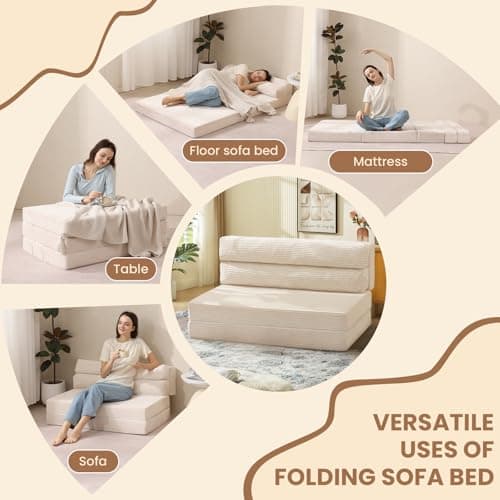 JUIKURY Folding Sofa Bed, Convertible Sleeper Chair with Pilow Foldable Matress, 2 in 1 Pull Out Loveseat Sofa Portable Fold Out Chair Bed Floor Couch Lounge for Living Room Bedroom (Beige, Queen) 5