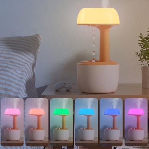 Anti Gravity Water Drop Humidifier, 800ml Cool Mist 36dB Quiet, Fountain Visual With Water Flowing Back, Ultrasonic Air for Bedroom (Orange+Colorful Light)