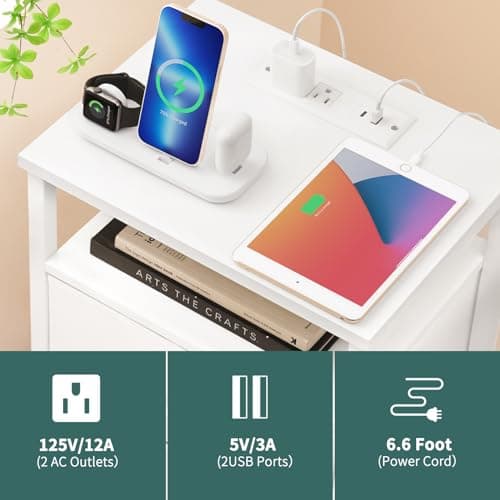 Yoobure Night Stand with Charging Station, 16 Colors LED Nightstand with USB Ports and Outlets, End Table with 3 Fabric Drawers and Storage Shelf, Bedside Tables Small Dresser for Small Space White 5