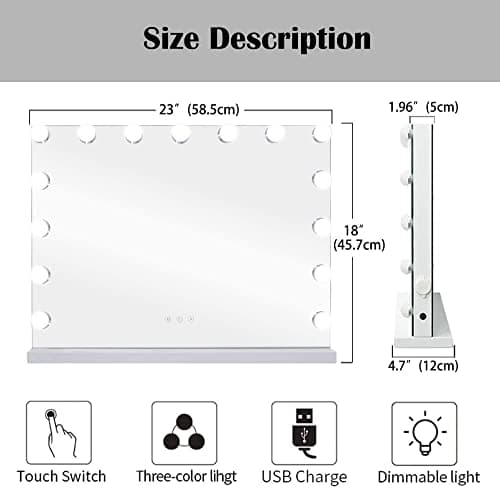 LilyHome Vanity/Makeup Mirror with Lights,10X Magnification,Large Hollywood Lighted Vanity Mirror with 15 Dimmable LED Bulbs,3 Color Modes,Touch Control for Bedroom,Tabletop or Wall-Mounted 5