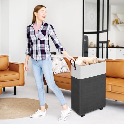 EpicTotes 24.4-Inches Rolling Slim Laundry Basket on Wheels, Collapsible & Waterproof Laundry Hamper, Freestanding Narrow Corner Clothes Bins with Easy Carry Handles for Clothes at Home, Grey 6
