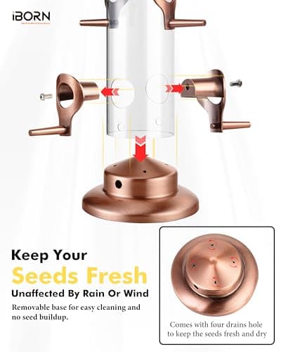 iBorn Metal Bird Feeders Brushed Copper Wild Bird Feeder for Outdoors Hanging All Metal Brushed Copper Finishing 15 Inch 6 Port(Seed is not Included) 7