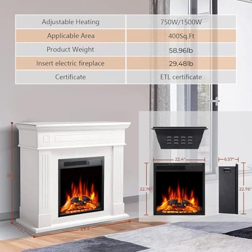 R.W.FLAME 43” Electric Fireplace Mantel Wooden Surround Firebox, TV Stand with Freestanding Electric Fireplace, Remote Control, Adjustable Led Flame, 750W/1500W Pearl White 5