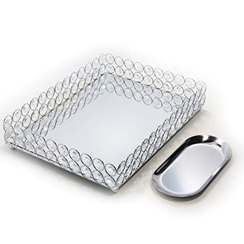 LINDLEMANN Decorative Tray Metal Mirrored Vanity Trays Crystal Ornate Perfume Jewelry Makeup Dish Dresser Countertop Organizer for Home Decoration & Holiday Party (Rectangle, 12x9in, Silver)
