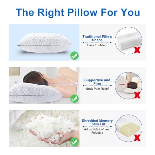 Cooling Pillows Queen Size Set of 2, Shredded Memory Foam Pillows, Adjustable Firm Bed Pillows Cool Cold Pillow for Hot Side Back Stomach Sleepers with Removable Washable Cover, 20" x 30", White 5