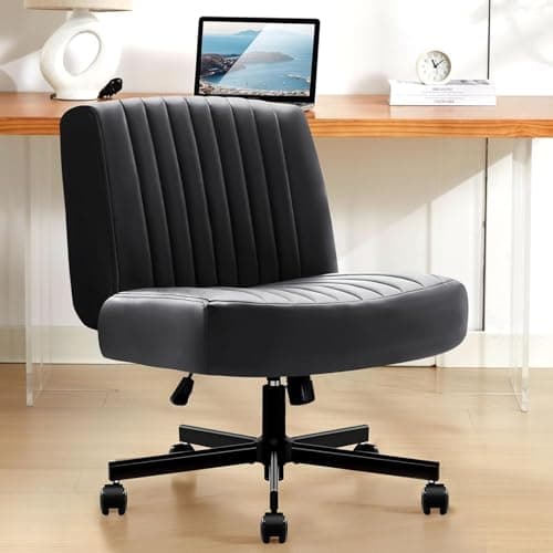 TUKAKA Criss Cross Chair with Wheels,Thick Padded Leather Cross Legged Office Desk Chair with Pocket Spring Cushion,Dual-Purpose Base,Wide Adjustable Computer Home Office Vanity Chair,Black