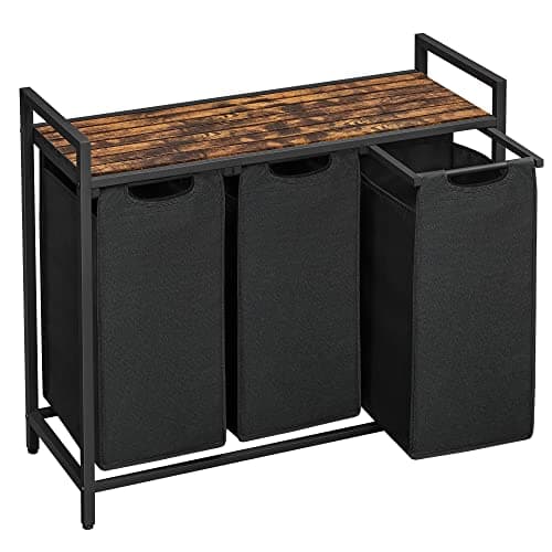 VASAGLE Laundry Hamper, Laundry Basket, Laundry Sorter with 3 Pull-Out and Removable Bags, Shelf, Metal Frame, 3 x 10.6 Gallons (40 L), 36.4 x 13 x 28.4 Inches, Ink Black and Rustic Brown UBLH301B01