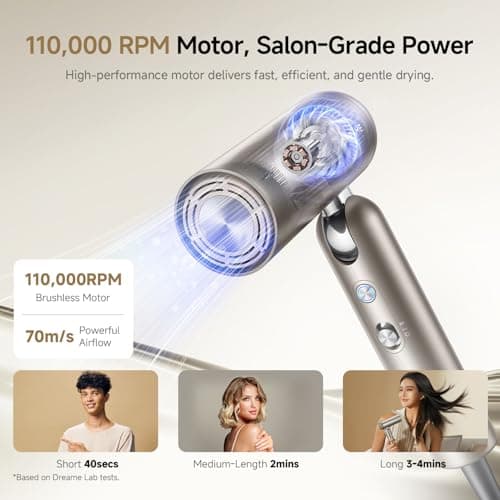 Dreame Pocket Pro Hair Dryer, Dual Voltage Travel Blow Dryer with Diffuser, 1300W Professional HighSpeed Ionic Hair Blower, Fast Drying, Low Noise, Lightweight, No Heat Damage, Global Travel 120V/240V 6