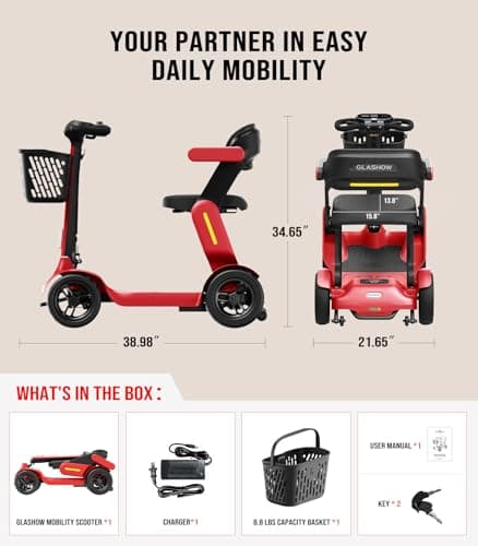 Glashow S3 Mobility Scooter for Seniors - 25 Miles on 1 Charge, 6 MPH Max, 265lbs Loading, Foldable Lightweight Mobility Scooters for Adults All Terrain Travel 8
