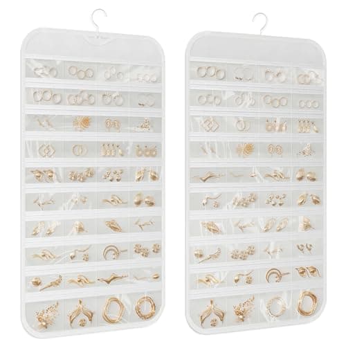 DonYeco 1 Pack Hanging Jewelry Organizer 80-Pocket Dual-sided Jewelry Storage for Earring Necklace Bracelet Ring Travel Holder, White