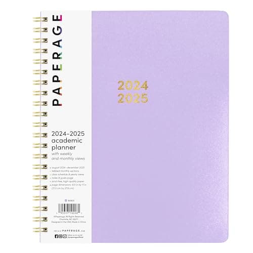 PAPERAGE 17 Month Academic Planner 2024-2025, Weekly & Monthly Spreads, August 2024 - December 2025, Large (9 in x 11 in), Lavender