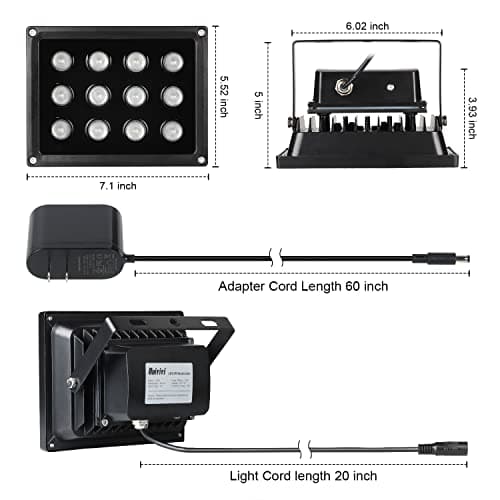 Univivi Infrared Illuminator, 850nm 12 LEDs 90 Degree Wide Angle IR Illuminator for Night Vision, Waterproof LED Infrared Light for CCTV Security Camera, with Power Adapter, Black 5