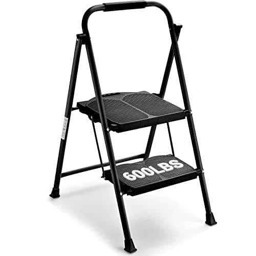 ALPURLAD 2 Step Ladder with Extra-Wide Non-Slip Pedal, 600lbs Heavy Duty Folding Step Stools for Adults Black Two Step Ladder for Home Kitchen Closet