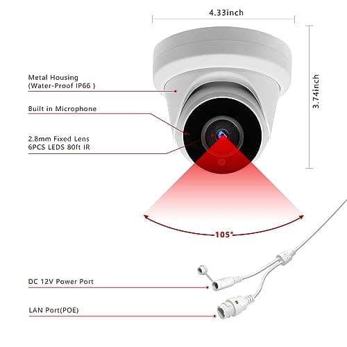 Tennoz 8MP 4K IP PoE Turret Camera Outdoor, H.265 PoE IP Security Dome Camera with 80ft Night Vision, 2.8mm Lens, 105° Wide Angle, Built-in Mic, WDR, Compatible with Third-Party NVRs and Software 5
