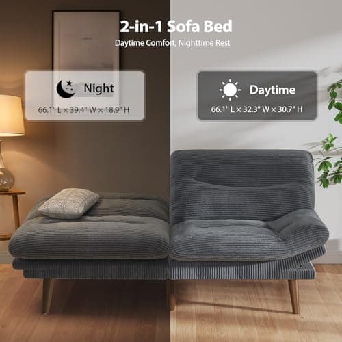 Pipishell Futon Sofa Bed, 66 Inch Corduroy Futon Couch Convertible with Adjustable Backrest and Armrests, Recliner Sleeper Sofa for Small Spaces, Living Room, Office, Guest Room (Grey, 66 Inch) 7