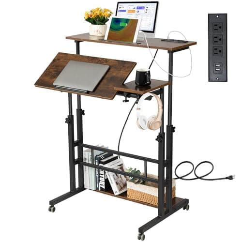 Hadulcet Mobile Standing Desk Adjustable Height, Rolling Desk Stand Up Desk, Mobile Laptop Desk, Rolling Computer Desk with Charging Station, Portable Desk with Wheels, Rustic Brown