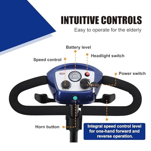 Metro Electric Mobility Scooters for Adults and Seniors - 300 lbs Max Weight, 4-Wheel Powered Mobility Scooters,Folding Mobility Scooter Lightweight for Travel, Elderly (with Head Light-Blue) 7