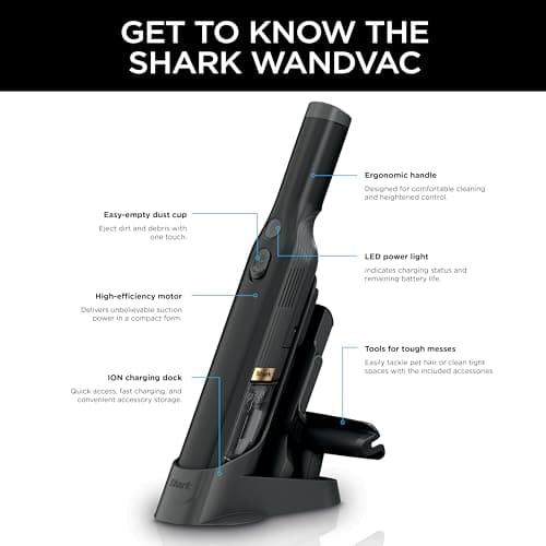 Shark WANDVAC Cordless Hand Vac, Lightweight, Versatile and Portable at 1.4 lbs., Powerful Suction for Pet Hair, Charging Dock, One-Touch Empty for Car & Home, Duster Crevice Tool, Black, WV201BK 11