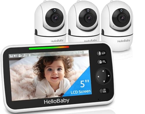 HelloBaby 5" Screen Baby Monitor with 3 Cameras - No WiFi HB6550 Video Baby Monitor, 1000ft Long Range, ECO, 26 Hour Battery, Pan-Tilt-Zoom Night Vision, Temperature Sensor & 2-Way Audio, 8 Lullabies