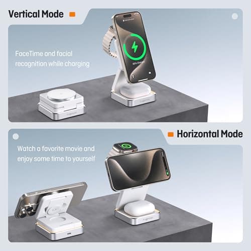 【2026 Upgraded】Wireless Charger 3 in 1, Foldable Wireless Charging Station with Light for Apple MagSafe Charger, Travel Magnetic Charger for iPhone 17/16/15/14/13/12 Apple Watch AirPods (20W Adapter) 5