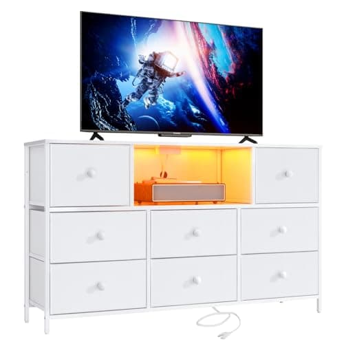 LYNCOHOME White Dresser with Power Outlets and LED Lights, 43" W Dresser TV Stand with 8 Drawers, Fabric Chest of Drawers for Bedroom, Living Room, Entryway