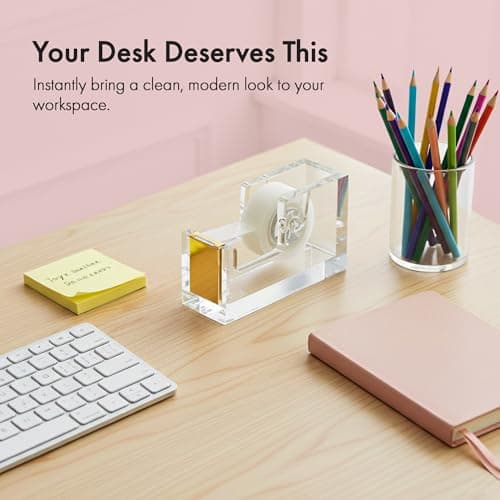 OfficeGoods Acrylic Tape Dispenser – Modern Desk Organizer for Office Supplies – Heavy Duty Refillable Tape Holder for Home and School Crafting – Stylish Desktop Accessory for Gift Wrapping, Gold 7