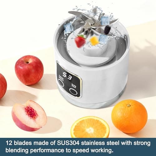 Portable blender,USB-C rechargeable,Personal compact travel juicer cup15OZ for Shakes, Smoothies,Fresh juice,Self-cleaning,Leakproof lid, Smart time display,12 blades,with strong blending White 8