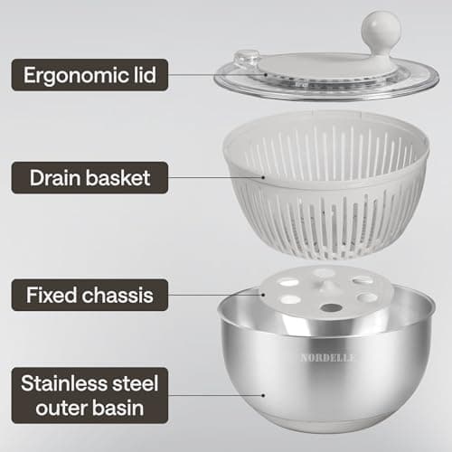 NORDELLE Stainless Steel Salad Spinner – Large Lettuce Dryer with Non-Slip Base & Instant Stop, BPA-Free Vegetable Washer, 5.3 Qt Cream White 5