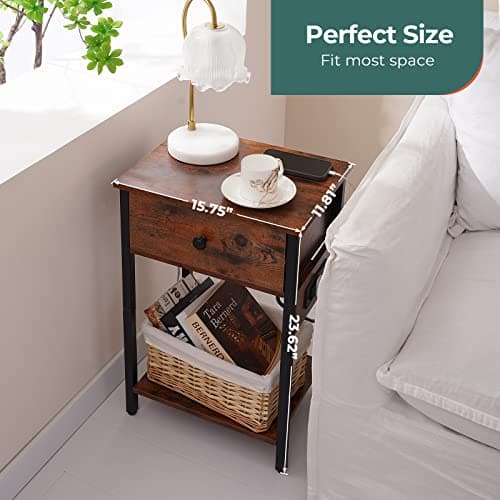 Yoobure Nightstand with Charging Station, Side Table End Table with Large Drawer and Storage Shelf, Bed Side Table/Night Stand with USB Ports & Outlets, Rustic Bedside Tables for Bedroom, Living Room 6