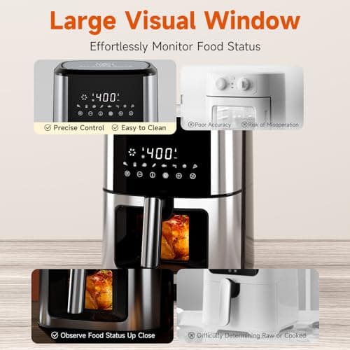 Kitchen Elite Air Fryer Stainless Steel with View Window, XL 8.5QT Large Airfryer, 8-in-1 Digital Control, 400°F Temp Controls, Nonstick Dishwasher-Safe, Space-Saving, Roast, Broil, 1500W 6
