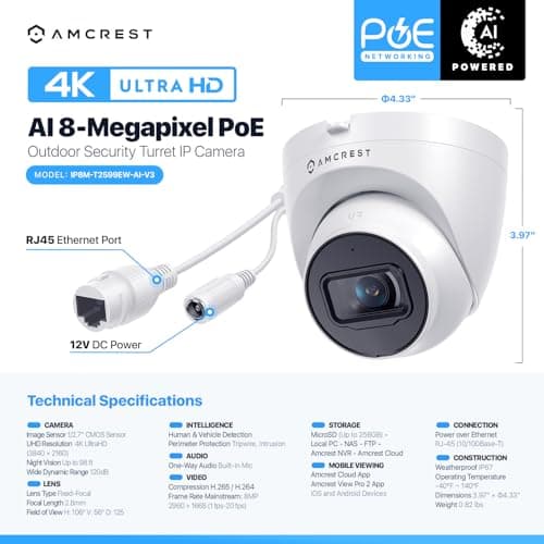 Amcrest UltraHD 4K (8MP) Outdoor Security IP Turret PoE Camera, 3840x2160, 98ft NightVision, 125° FOV, IP67 Weatherproof, MicroSD Recording (256GB), IP8M-T2599EW-AI-V3 (White) 7
