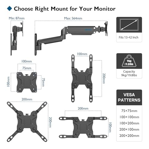 BONTEC Monitor Wall Mount Arm, VESA Gas Spring Height Adjustable, for 13-42 Inch Screens, Max 19.8lbs, Swivel, Tilt, Space-Saving Desk Mount, Easy Installation, Single Arm TV Mount, Max VESA 200x200 9