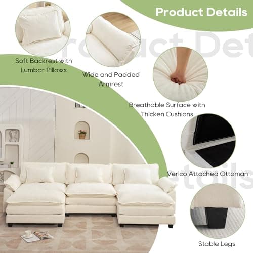 Oprisen 120" Modular Sectional Sofa, Comfy Cloud Couch Sectional Sofa with Ottoman, Chenille Sofa Sleeper Deep Seat Sofa with Throw Pillows for Living Room (Beige White, 120"- U Shape) 6
