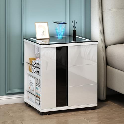 kepptory Wireless Charging Nightstand, LED Nightstand with Wireless Charging Station and USB Charging, Side Table End Table with Adjustable Shelf, Record Table Stand Bedside Table for Home Office Use