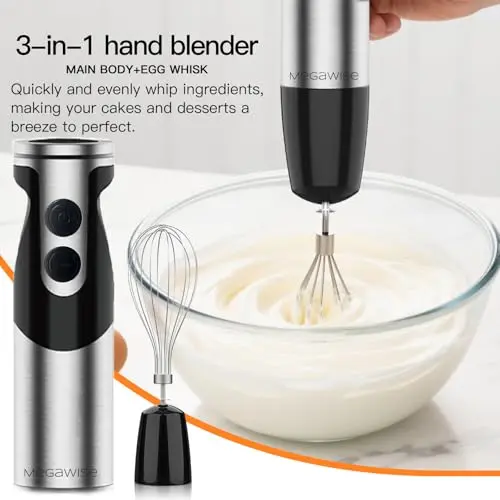 MegaWise Stainless Steel Titanium Reinforced 3-in-1 Immersion Hand Blender, Powerful with 80% Sharper Blades, 12-Speed Corded Blender, Including Whisk and Milk Frother (3-in 1 Black) 8