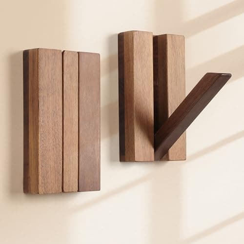 KYIAANY Foldable Wall Hooks 2Pack: Rustic Wooden Coat Hooks Mounted for Heavy Duty Hanging Hats Bags Beach Towels, Space Saving Minimalist Design for Aesthetic Homeowner