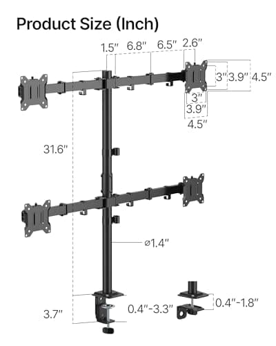 monTEK Quad Monitor Stand Mount, Fully Adjustable Desk Mount for 4 Screen up to 17”-32” and 22lbs Capacity Each Arm, Stable Monitor Arm with C Clamp and Grommet Base, VESA 75x75mm/100x100mm 9
