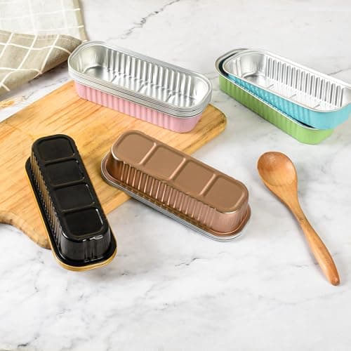 Findful Mini Loaf Baking Pans with Lids and Spoons (50 Pack, 6.8oz) Rectangle Aluminum Foil Baking Pans Tins Containers - Cupcake Containers Wrappers Cheesecake Creme Brulee Ramekins 7